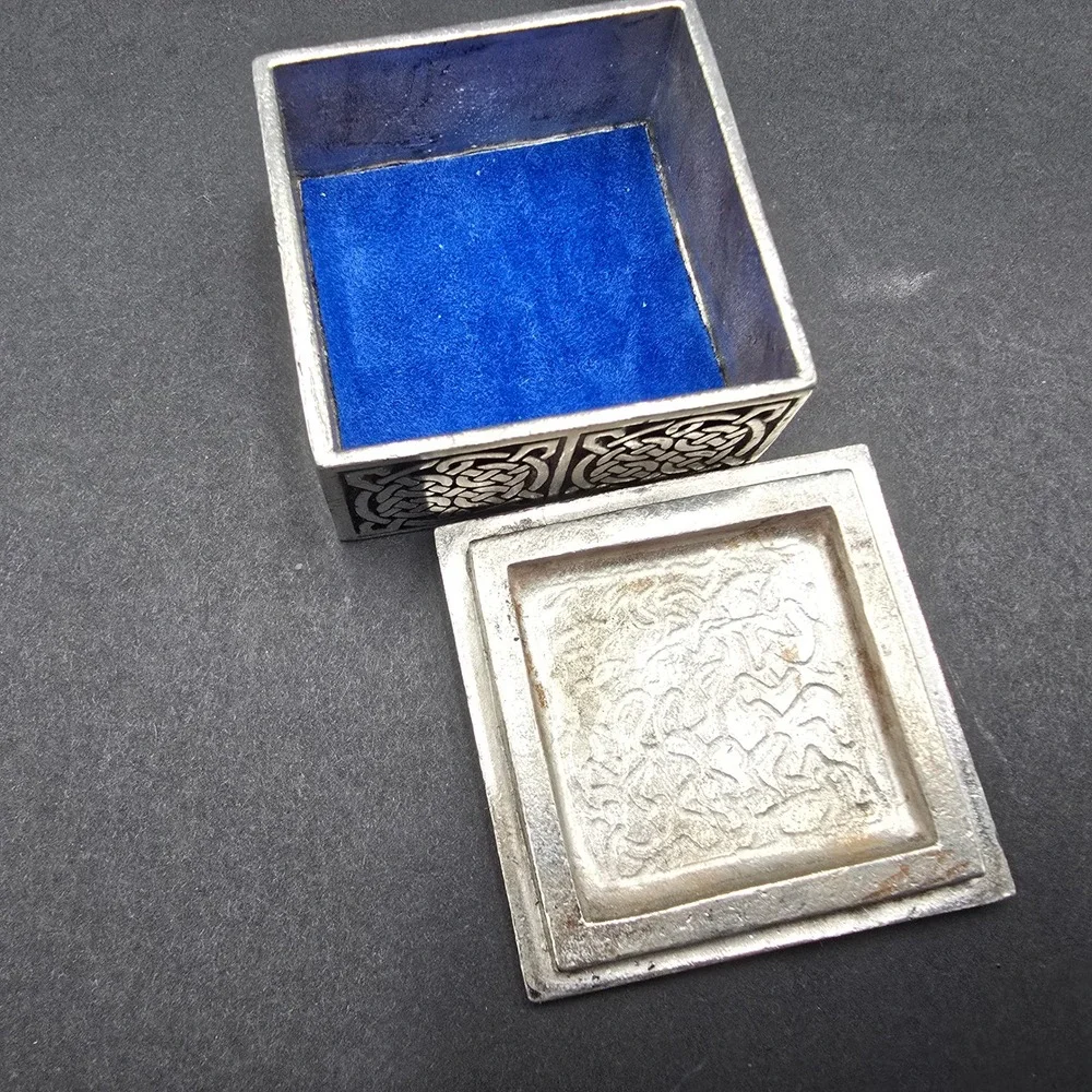 A.E. Williams Celtic Knot Pewter Trinket Box Blue Velvet Lining Made in England